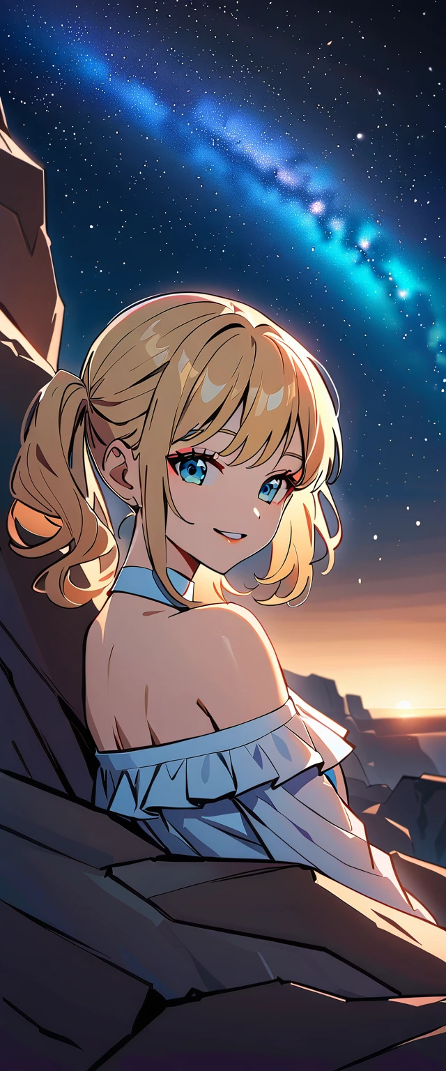 Photo of a high school girl with natural skin, Upper Body, Looking at the camera, Smiling girl with blonde and red gradient hair in twin tails, Sharp eyes with blue eyeshadow, A thin, upturned nose, Well-shaped lips, White off-the-shoulder dress, Makeup, Exquisitely crafted with the utmost attention to detail, Vibrant, amazing, Smooth, Cinematic, 4K, Backlight, ((Atop a cliff with a beautiful starry sky, Cliff)), Shallow depth of field.