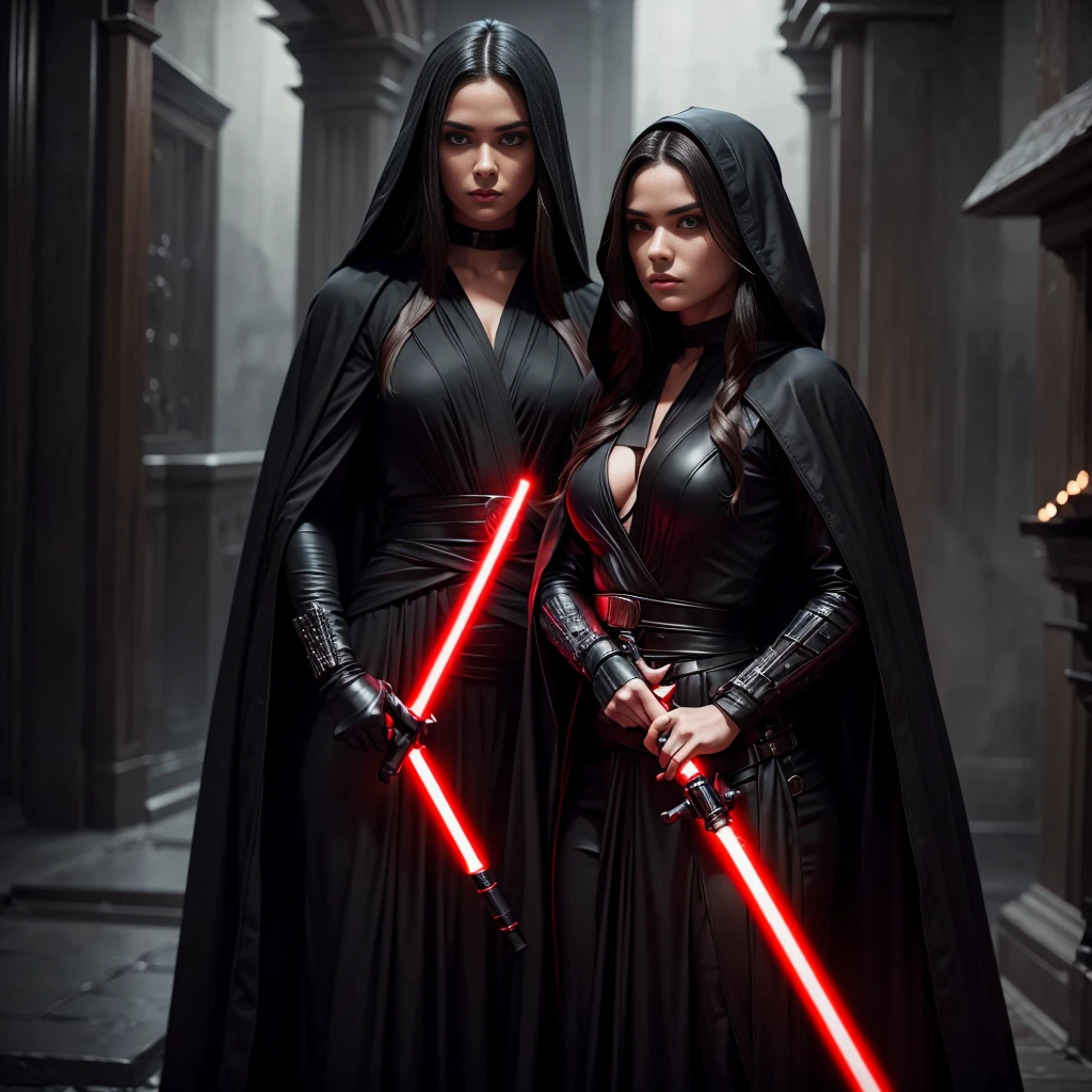 2 beautiful detailed woman with long dark hair wearing a black hooded robe, dramatic lighting,glowing red lightsaber,(2 girls,masterpiece:1.2),ultra-detailed,photorealistic,sci-fi,dramatic cinematic lighting,moody atmosphere,dark fantasy,high contrast,muted color palette