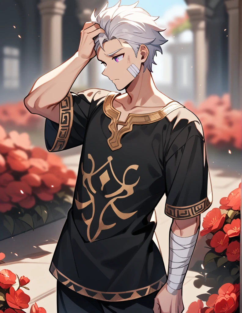 small Greek boy with white hair, violet eyes, wearing an all-black Greek shirt with small gold details, with bandages on his cheek and arm, standing scratching his head while looking away in shame, with a red garden in a blurred background