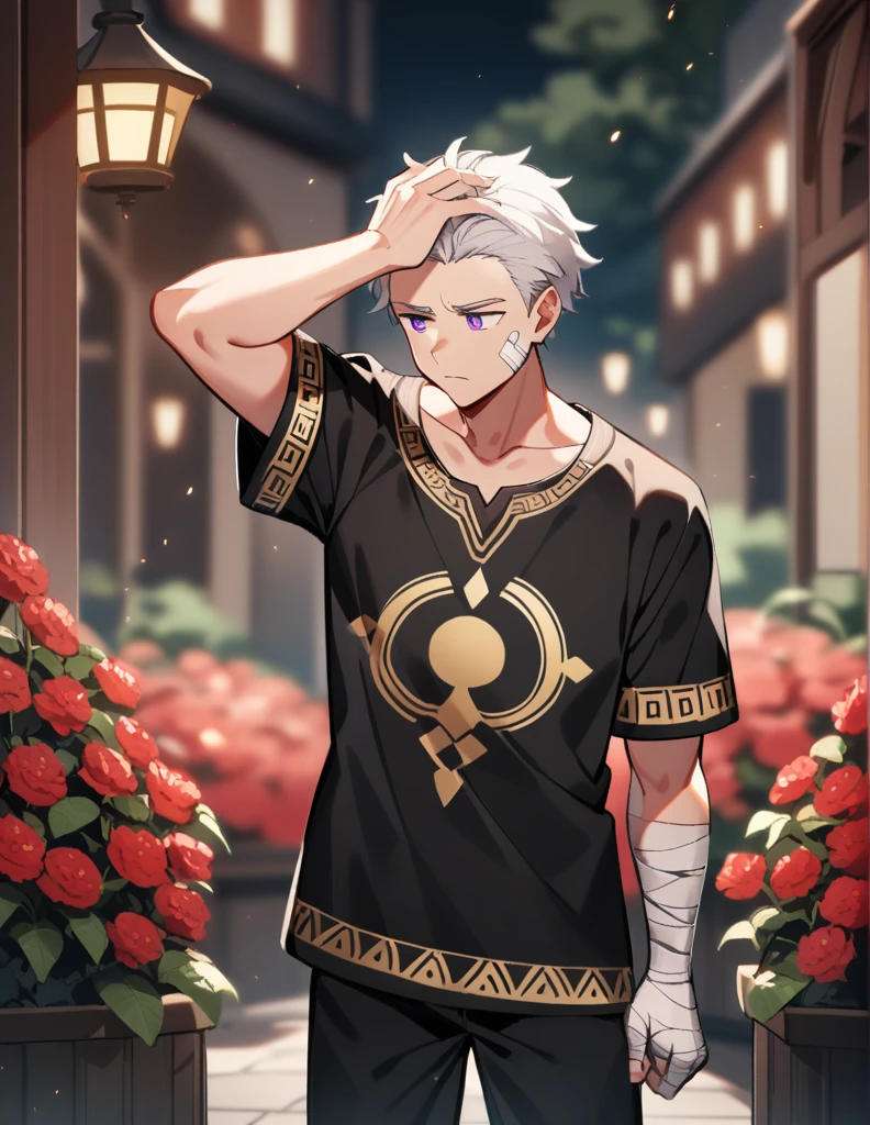 Greek boy with white hair, violet eyes, wearing an all-black Greek shirt with small gold details, with bandages on his cheek and arm, standing scratching his head while looking away in shame, with a red garden in a blurred background