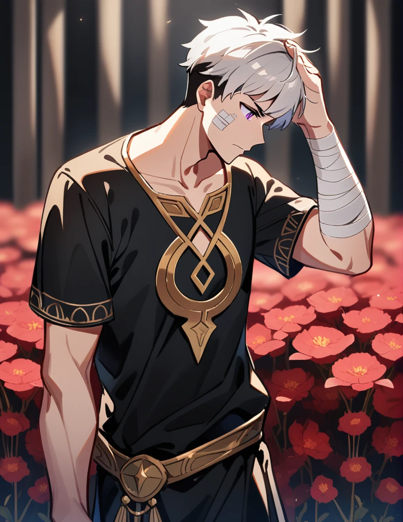 small Greek boy with white hair, violet eyes, wearing an all-black Greek shirt with small gold details, with bandages on his cheek and arm, standing scratching his head while looking away in shame, with a red garden in a blurred background