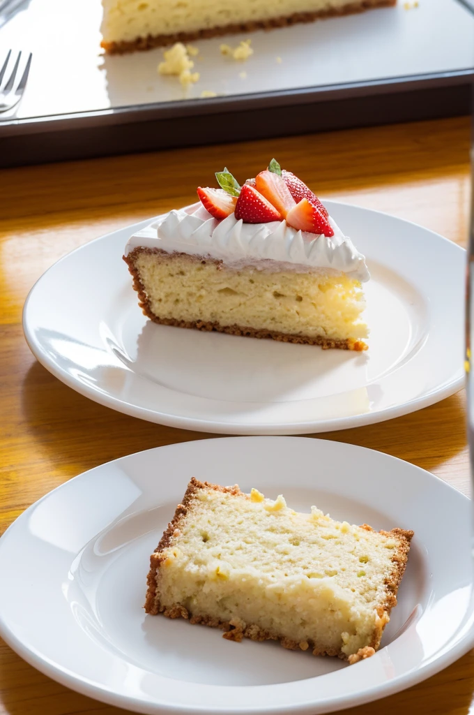 A colorful plate on the table,There is a small piece of cake on the plate,HD Photography,Background blur,Clean background,Artistic sense,Depth of Field,Ultra-clear,Close Range。