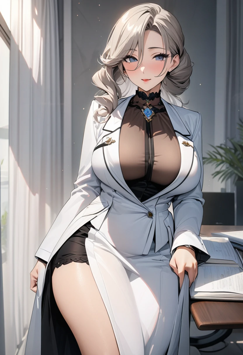 8k quality,Ultra HD,Stunning mature beauty,Intellectual elegance,((White doctor's robe)),Brown hair,(best quality,masterpiece:1.2),Half-length photo,Perfect body,Ultra-clear,Exquisite facial features,Extremely detailed,Bokeh),Full breasts,Female Doctor,In the hospital