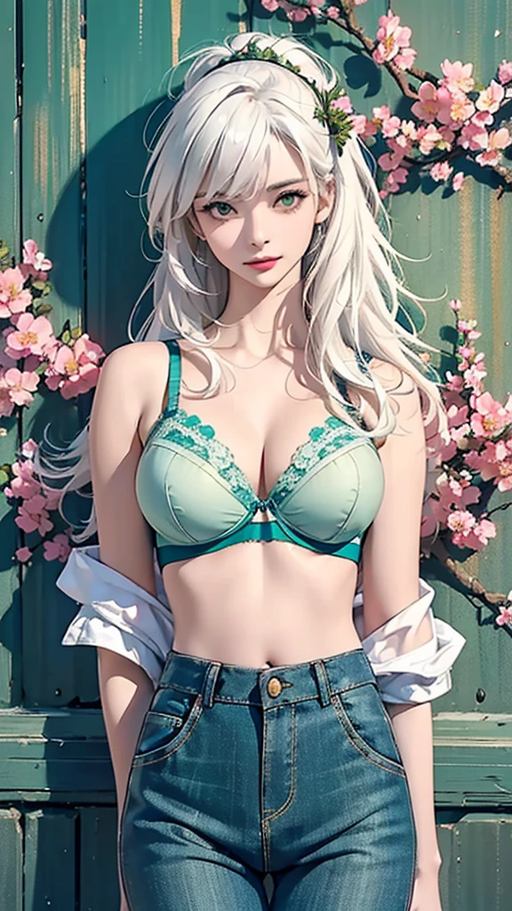 Sexy pose sculpture, (masterpiece:1.3), (8K, realistic, raw photo, best quality:1.4), (1 woman), beautiful face, realistic face, (detailed face), beautiful hairstyle, (detailed hair), realistic eyes, (detailed eyes), beautiful details, realistic skin, (detailed skin), beautiful skin, attractive, ultra high definition, surrealism, very detailed, (huge sagging breasts,hhuge breasts), Japanese beauty, (slim body), mild,(((white hair))), (supermodel figure), Cute Japanese Girl, pretty young japanese girl, (Top quality photo of beautiful woman wearing sexy lingerie in front of wall covered with flowers:1.2), big bust :1.2, improved cleavage, shy, wide shot, (whole body), (Bra Blue green: 1.5),long hair,red lipstick,(((There is a lot of gap between the crotch))),((bust.reply))),