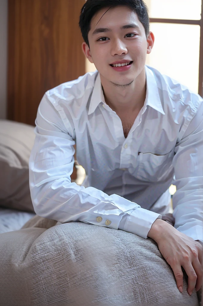 ((Highest quality, 8K, Masterpiece: 1.3))、Thailand Laos Burma Asia, Thai man, A handsome Asian rugby player with short hair, a muscular beard, and big muscles., 1A man who has、 yo、Good appearance、Beautiful nose、smile、 Detailed eyes and face、beautiful light、(studio)、high resolution、(Look at the viewer.)、Fine mouth、smile、whole body: 1.5, perfect shape: 1.3, looking at camera ,Gray button-down shirt , bedroom sunlight looking at the sea