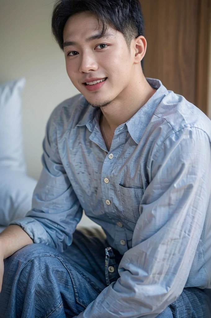 ((Highest quality, 8K, Masterpiece: 1.3))、Thailand Laos Burma Asia, Thai man, A handsome Asian rugby player with short hair, a muscular beard, and big muscles., 1A man who has、 yo、Good appearance、Beautiful nose、smile、 Detailed eyes and face、beautiful light、(studio)、high resolution、(Look at the viewer.)、Fine mouth、smile、whole body: 1.5, perfect shape: 1.3, looking at camera ,Gray button-down shirt , bedroom sunlight looking at the sea