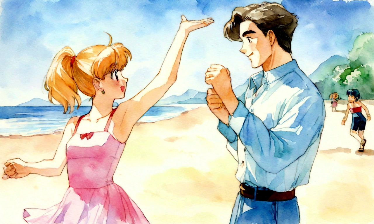 [Vintage Men&#39;s and Women&#39;s], Ancient Anime, 1980s \(style\), 1990s \(style\), watercolor \(middle\), , ((Highest quality)), ((masterpiece)), [Detailed], [Anime and manga images], [Women have small breasts], blue sky、Couple dancing on the beach１Only groups、Alone、Swimwear