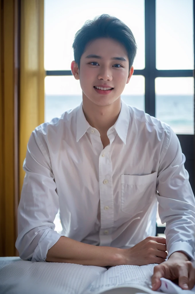((Highest quality, 8K, Masterpiece: 1.3))、Thailand Laos Burma Asia, Thai man, A handsome Asian rugby player with short hair, a muscular beard, and big muscles., 1A man who has、 yo、Good appearance、Beautiful nose、smile、 Detailed eyes and face、beautiful light、(studio)、high resolution、(Look at the viewer.)、Fine mouth、smile、whole body: 1.5, perfect shape: 1.3, looking at camera ,Gray button-down shirt , bedroom sunlight looking at the sea