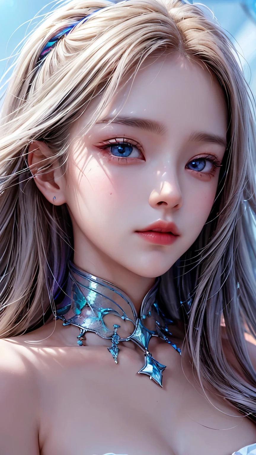 masterpiece, amazing girl, pretty girl, bust, high detail eyes, perfect eyes, portrait, high detail face, same eyes, glare, Rainbow-colored, global illumination, soft light, dream light, digital painting, 8K close-up, fantasy, night sky, performer, nebula, White crystals, moonlight, tranquility, summer, (8K:1.1)