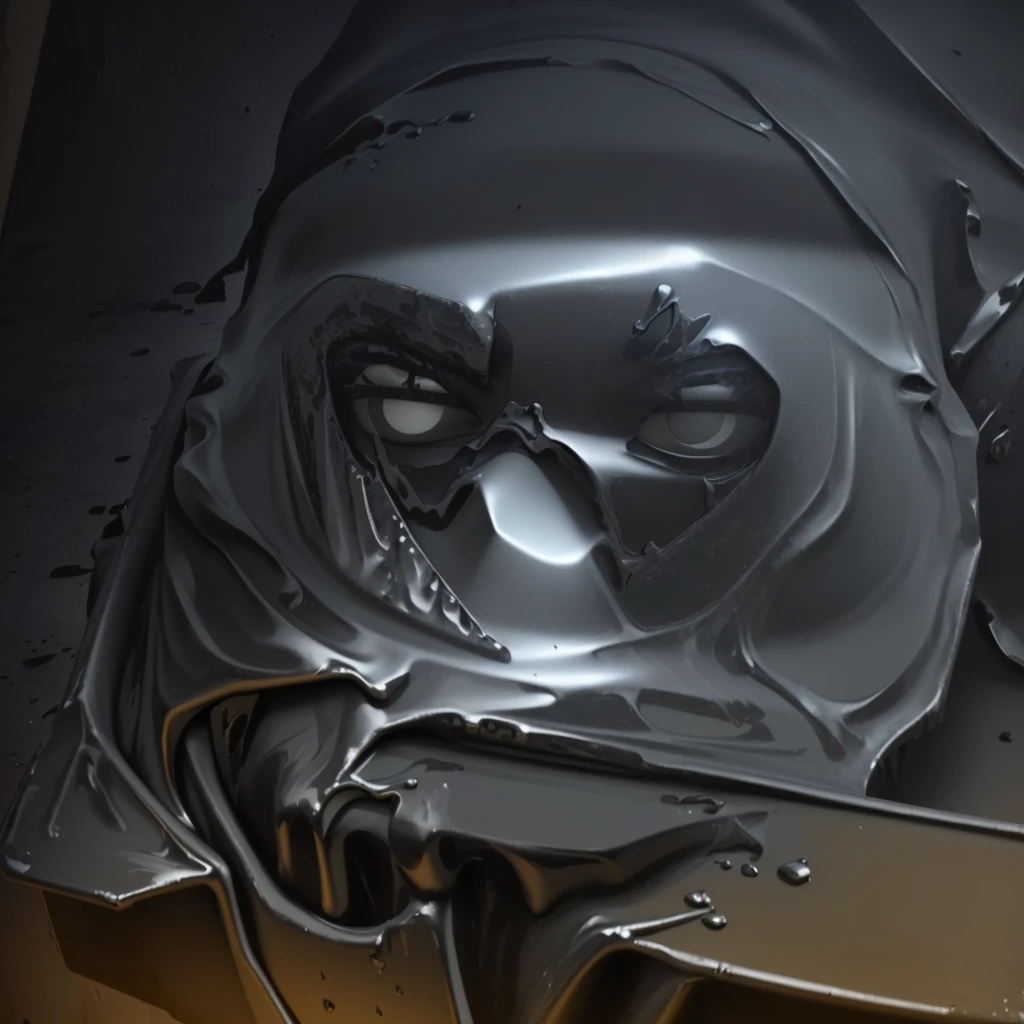 there is a black bag with a face on it, thick paint visible, face melting, closeup of face melting, melting face, cracked plastic wrap, vantablack chiaroscuro, helmet visor smashed, mysterious black slime, car paint, vantablack, black latex sculpt, black paint flows down, melted wax, leaking oil, made of smooth black goo