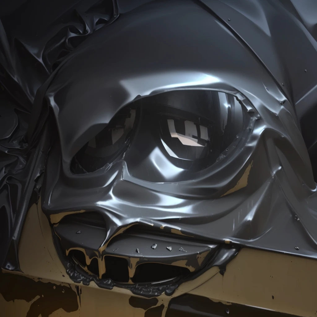 there is a black bag with a face on it, thick paint visible, face melting, closeup of face melting, melting face, cracked plastic wrap, vantablack chiaroscuro, helmet visor smashed, mysterious black slime, car paint, vantablack, black latex sculpt, black paint flows down, melted wax, leaking oil, made of smooth black goo