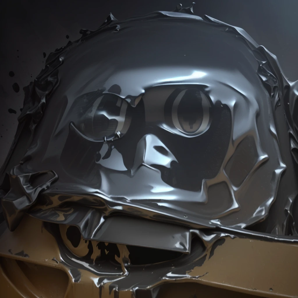 there is a black bag with a face on it, thick paint visible, face melting, closeup of face melting, melting face, cracked plastic wrap, vantablack chiaroscuro, helmet visor smashed, mysterious black slime, car paint, vantablack, black latex sculpt, black paint flows down, melted wax, leaking oil, made of smooth black goo