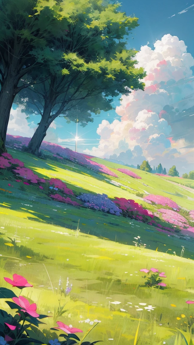 HD High resolution, High resolution, dark grassland, Colorful flowers, blue sky, Fluffy white clouds and green trees, The colors of grass and flowers sparkle in the sun, And home.  