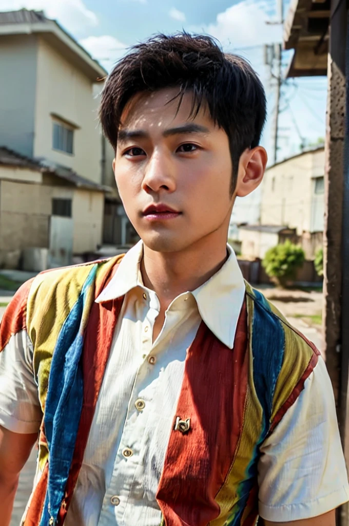 A young Asian man with a big, muscular body looks at the camera. In a yellow, red and white button-up shirt. , measure , Normal sunlight