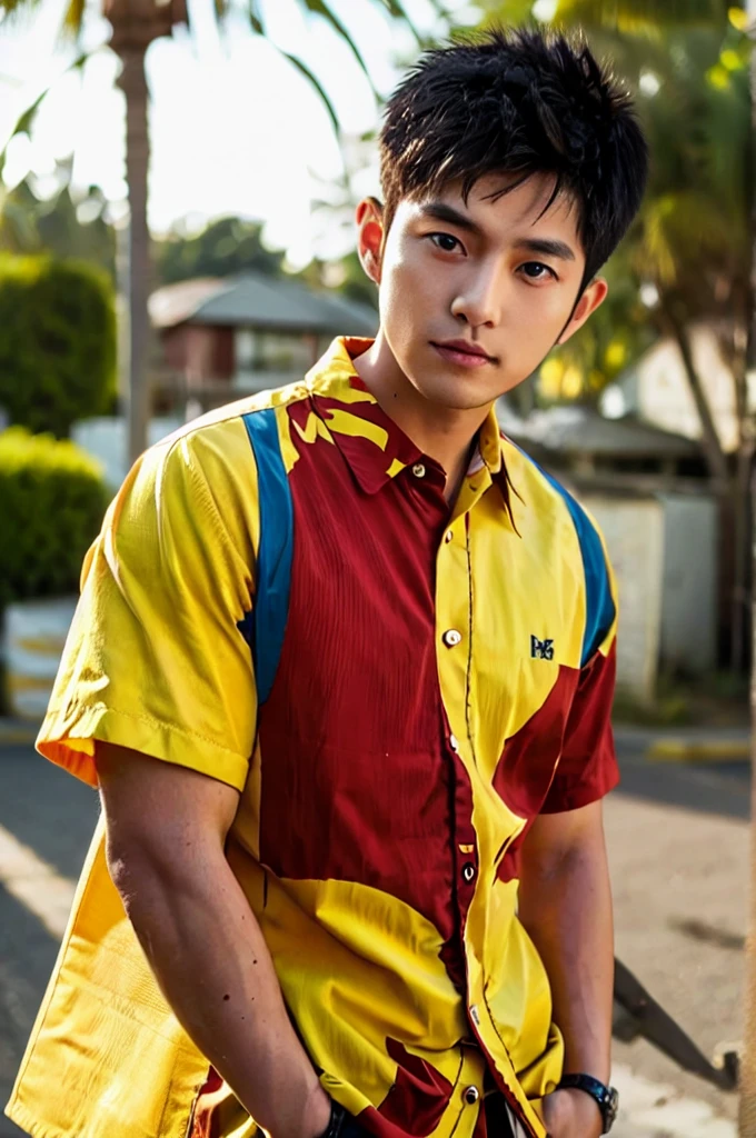 A young Asian man with a big, muscular body looks at the camera. In a yellow, red and white button-up shirt. , measure , Normal sunlight
