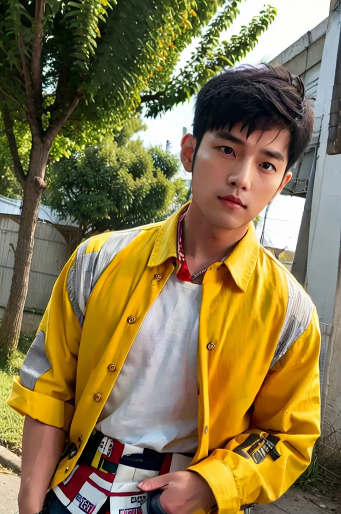 A young Asian man with a big, muscular body looks at the camera. In a yellow, red and white button-up shirt. , measure , Normal sunlight