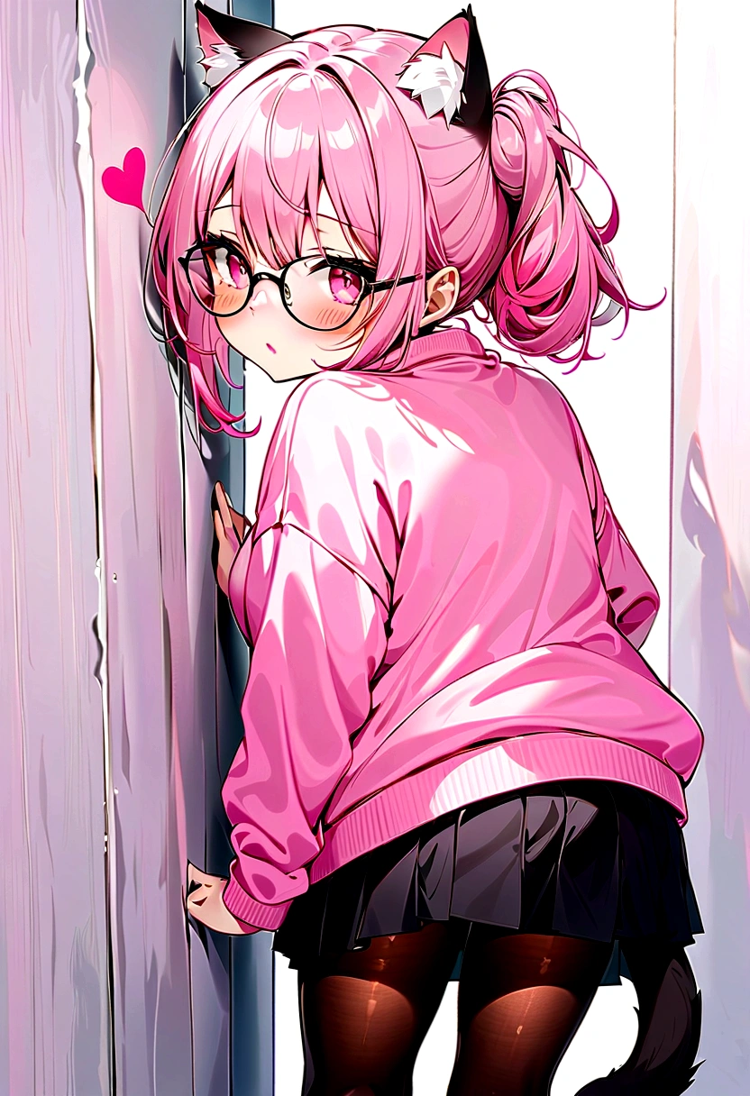 I have white pink hair, cat ears, a bun, my face is super blushing, black glasses, pink heart eyes, a big pink sweatshirt, a black skirt, black stockings, white shoes, a cat&#39;s tail, a girl. very shy that she is glued to a wall with her butt
