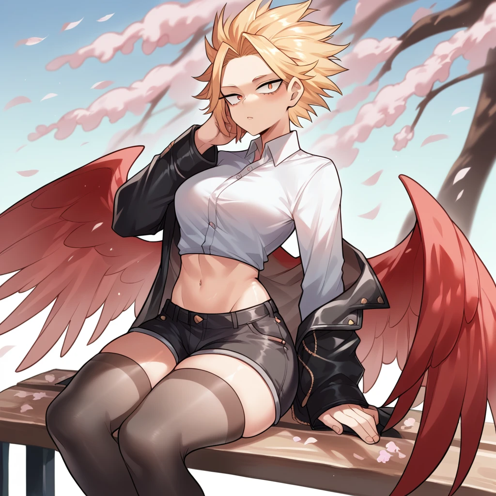 only, gay delicate boy, blonde hair slicked back two front strands sticking out, gold eyes, red wings on his back, fine range, curvy thighs, small waist, dark shorts, White shirt, long sleeve dark leather jacket, long dark thigh high stockings, sitting on a park bench , white cherry blossoms, Hawks, Boku no hero academia 