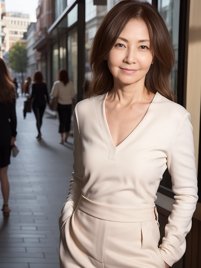 ((Highest quality)), ((8K)), ((masterpiece: 1.3)), (Perfect appearance), (Photorealism: 1.6), (JMA), (KE), (City street corner), (歩く1人のJapanese Mature), (Sidewalk in an office district), (Detailed Background), (Full body portrait), (60 years old, Japanese Mature), ((Realistic skin texture)), (Fine wrinkles all over the skin), (Dullness), (Facial wrinkles), (Wrinkles around the eyes), double eyelid, Tear bags under the eyelids, Calm expression, Straight Long Hair, (Blouse with a raised neckline), BREAK(Pale beige flared pants),BREAK ハイヒール,