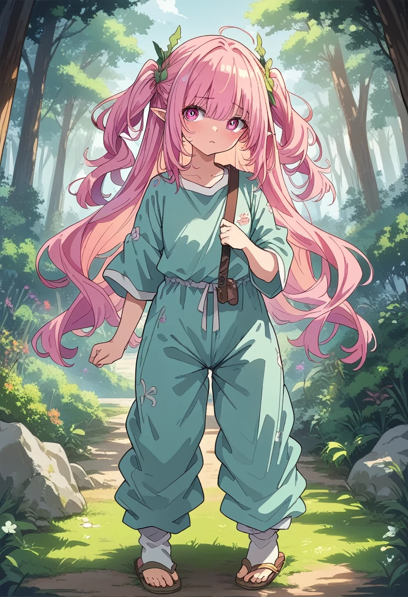 BREAK Perfect Anatomy、(High resolution:1.2)、Incredible illustrations、(Cute illustrations:1.2)、
（Beautiful background（deep in the forest))
 1 girl((multicolored pink hair hair,(bangs over eyes), embarrassed)1girl((a girl,elf 1.5meters, 25kg,18 years old female, 
((tunic,poncho,(loose pants,bloomers),thigh-high socks, sandals),tilting head
