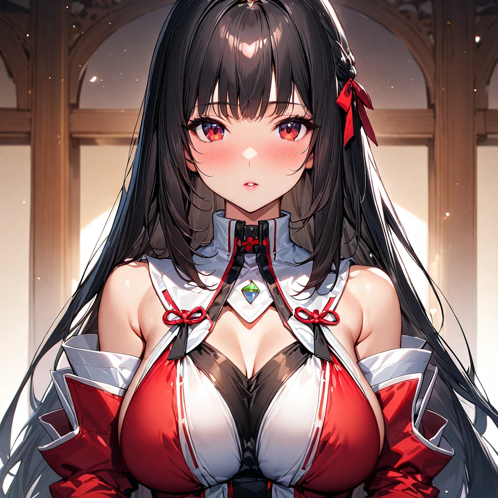 (masterpiece),(Highest quality),(Very detailed),(Best illustrations),(so beautiful), Perfect Face, Perfect hands, Perfect Fingers, Saggy breasts, so beautiful長い脚, Black Hair, Red eyes, Long Hair, princess_cut, Removable sleeves, skirt, Frills, red skirt, Wide sleeves, Red Shirt, frilled skirt,Sleeves edged with ribbon, Frillsシャツの襟, Bare shoulders, skirt, Non-traditional Shrine Maiden, face focus