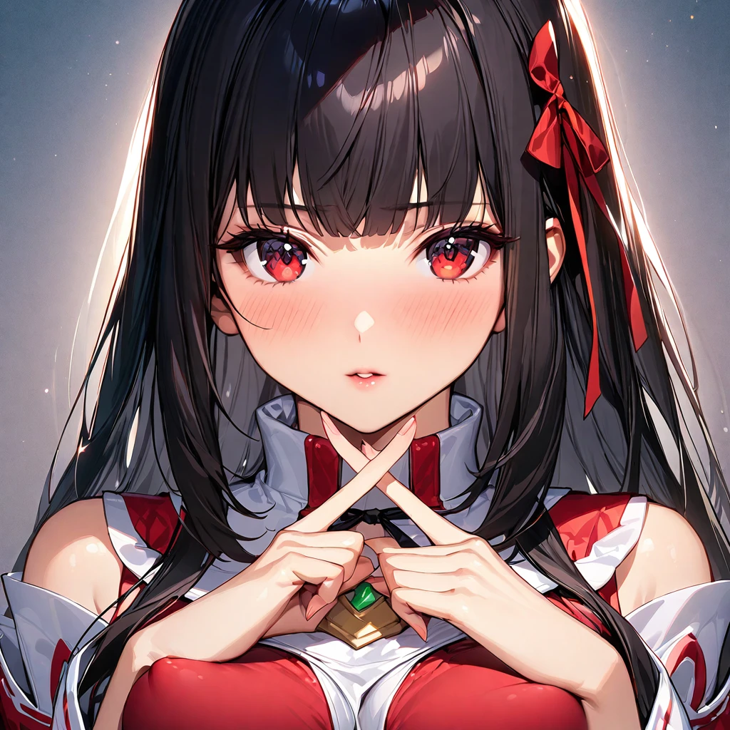 (masterpiece),(Highest quality),(Very detailed),(Best illustrations),(so beautiful), Perfect Face, Perfect hands, Perfect Fingers, Saggy breasts, so beautiful長い脚, Black Hair, Red eyes, Long Hair, princess_cut, Removable sleeves, skirt, Frills, red skirt, Wide sleeves, Red Shirt, frilled skirt,Sleeves edged with ribbon, Frillsシャツの襟, Bare shoulders, skirt, Non-traditional Shrine Maiden, face focus