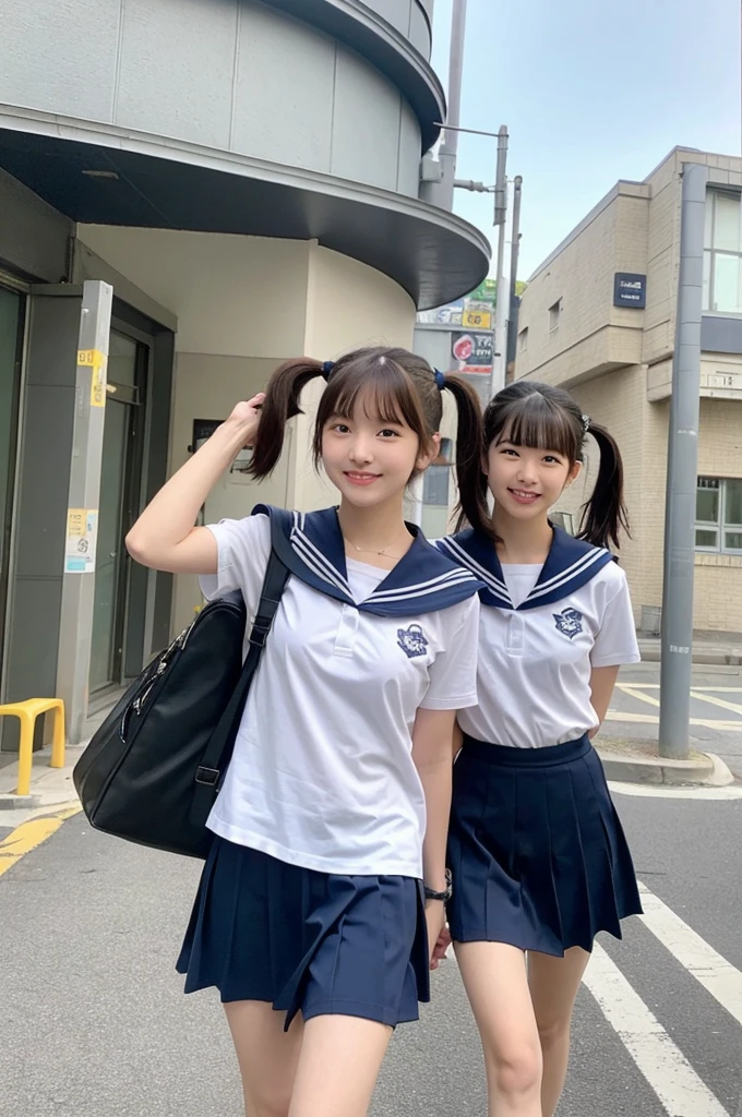 {2 | 3 | 4} girls walking in school street,summer sky,sailor shirt,navy blue sleated skirt,school bag,18-year-old,bangs,a little smile,thighs,knees,short hair with low pigtails bunches,from below,front light