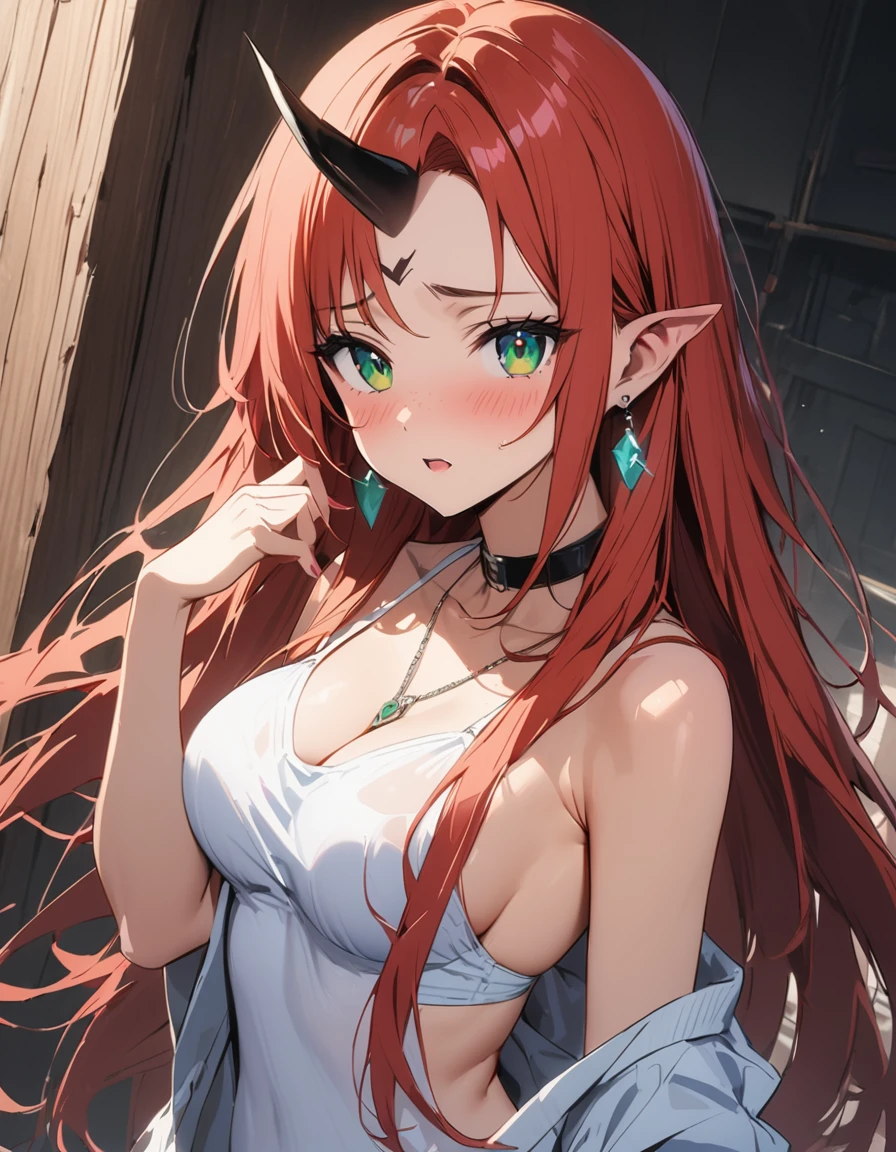 1girl, pointy ears, horns, solo, red hair, long hair, red eyes, bare shoulders, looking at viewer, huge breasts, gloves, elbow gloves, ahoge, hairband, black gloves, underboob, upper body, demon girl, hair intakes, very long hair, frills, slit pupils, parted lips,(shiny skin),(mature female:1.2),hindenburg \(azur lane\),