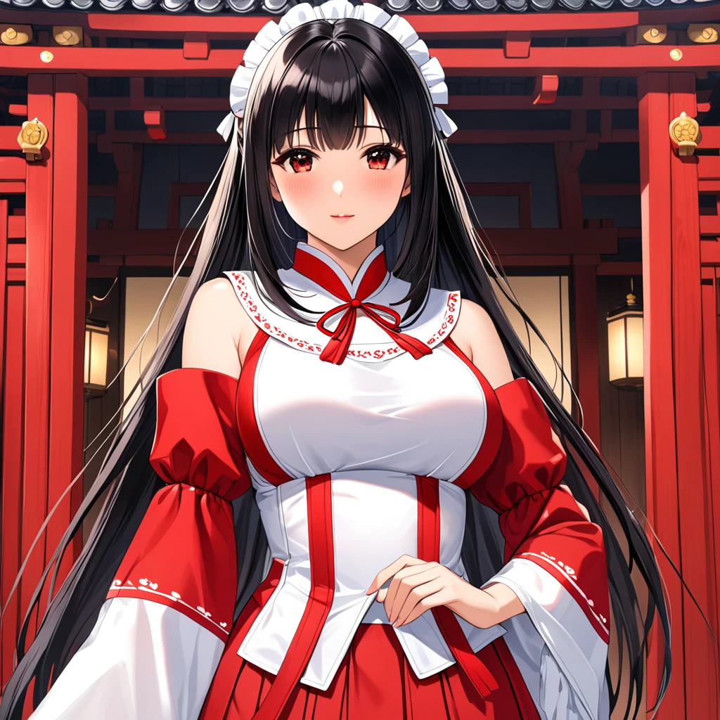 Big sister image with gray black hair，，enthusiasm，sumptuous，Red clothes stall in Hanfu，Stand on the table like a swollen drum，China-style，Older age，Exposed Hanfu，huge tit，revealing breasts，Passionate