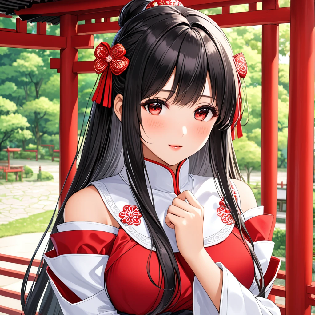 (masterpiece),(Highest quality),(Very detailed),(Best illustrations),(so beautiful), Perfect Face, Perfect hands, Perfect Fingers, Saggy breasts, so beautiful長い脚, Black Hair, Red eyes, Long Hair, princess_cut, Removable sleeves, skirt, Frills, red skirt, Wide sleeves, Red Shirt, frilled skirt,Sleeves edged with ribbon, Frillsシャツの襟, Bare shoulders, skirt, Non-traditional Shrine Maiden, face focus