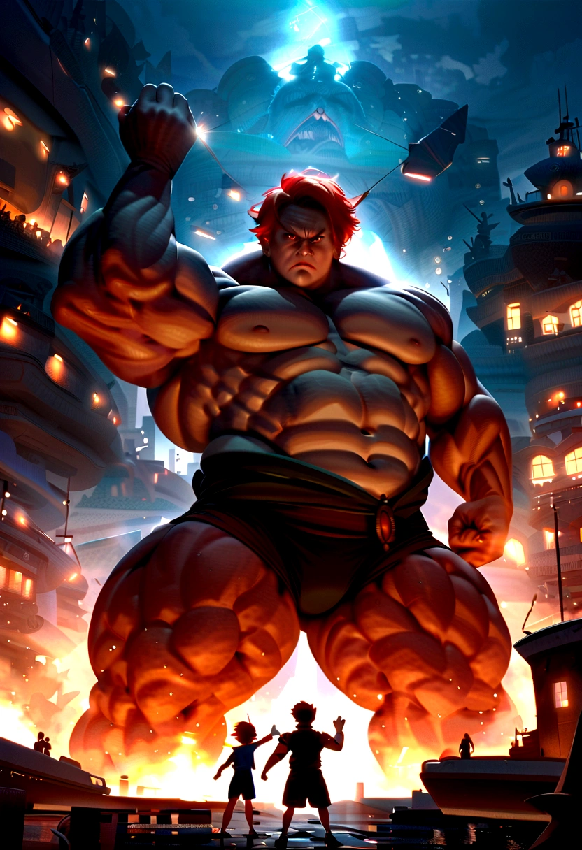 Davi (13 year old boy, red hair holding a slingshot in her hand), fighting a giant, fund ( futuristc city, lights, ships ), gigant ass (beared man, with an angry expression) realistic image style
