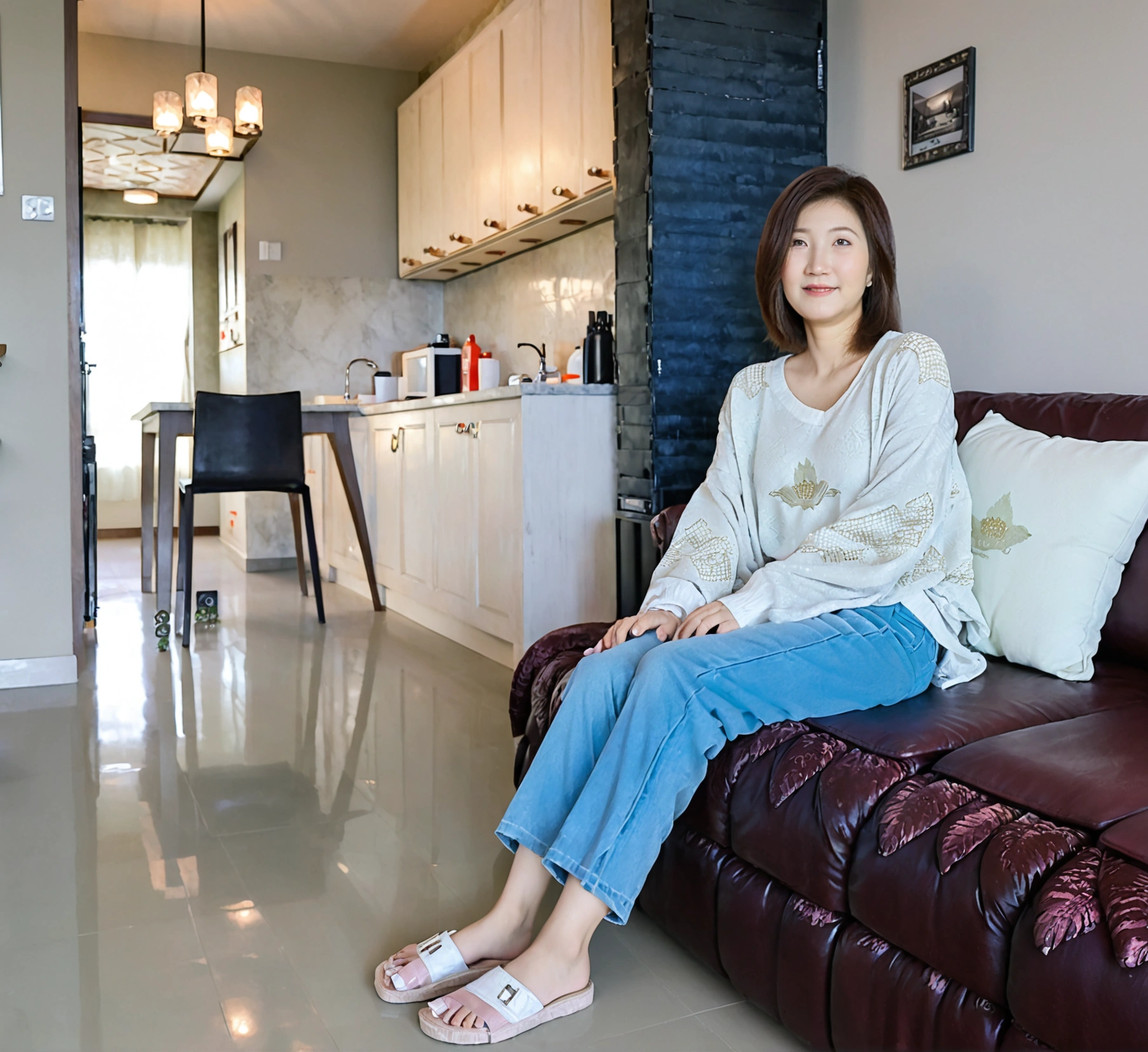 Beautiful Korean Woman , 32 inch chest size, Your eyes are big and pretty. Wearing a high-end luxury brand cardigan, Casual jeans, short medium hair, Smile. sit on the sofa , uhd