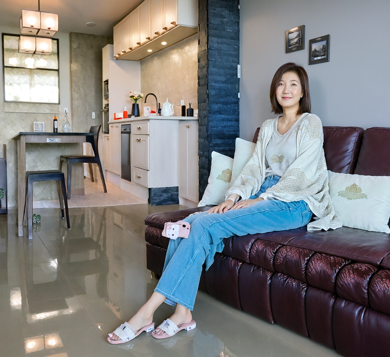 Beautiful Korean Woman , 32 inch chest size, Your eyes are big and pretty. Wearing a high-end luxury brand cardigan, Casual jeans, short medium hair, Smile. sit on the sofa , uhd