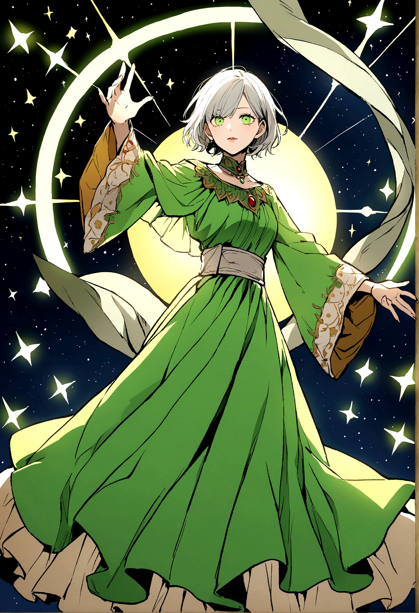 woman、clown、whole body、short hair、Silver Hair、An illustration、Eye color green