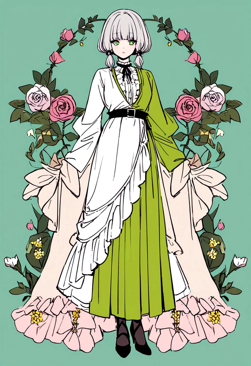 woman、clown、whole body、short hair、Silver Hair、An illustration、Eye color green