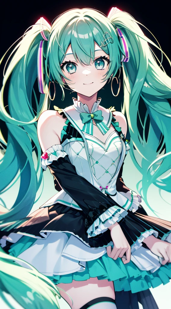 (fluorescence light green long hair:1.6,,),(twintails), (small breasts ),slender、hatsune_miku,Super Idol beautiful girl,Cute Smile
