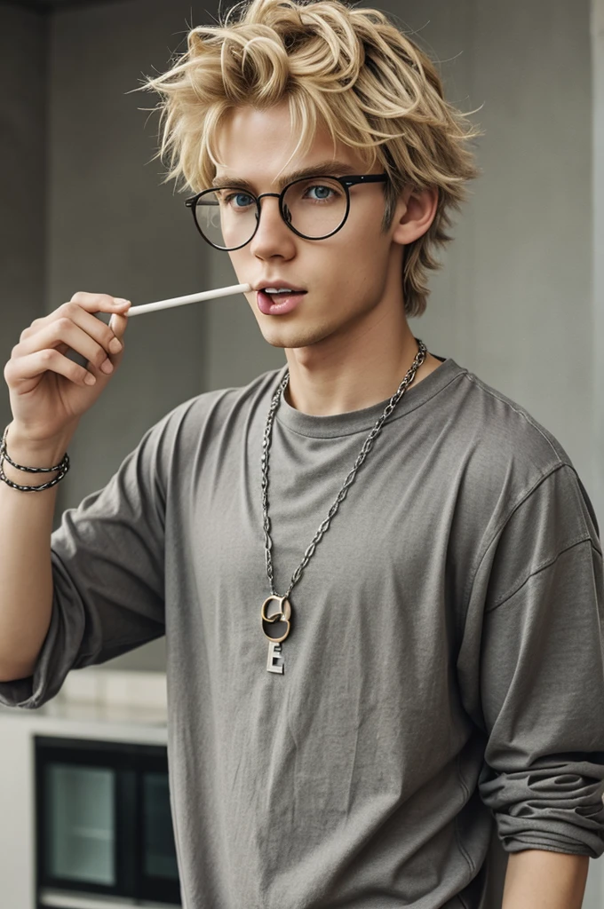 An anime white boy with blond messy hair and is wearing a baggy grey shirt and rounded glasses and is also wearing a chain with the number 12 on with and eating a chocolate lolipop