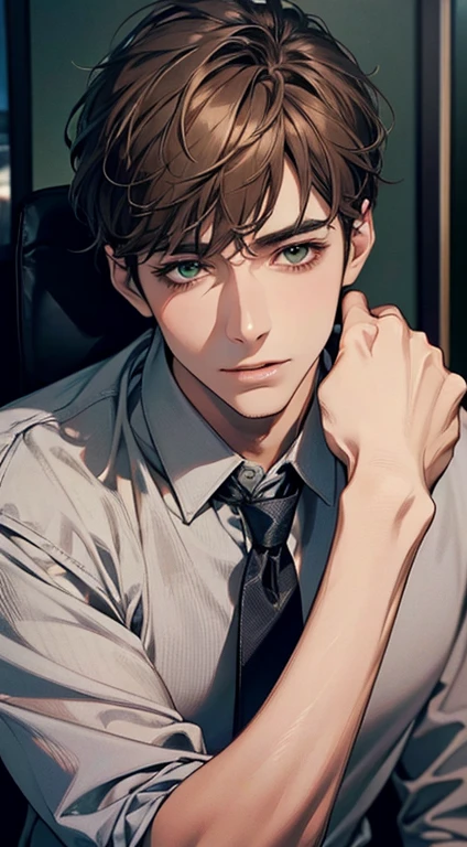 (Highest quality,4K,8K,High resolution,masterpiece:1.2),Super detailed,(Realistic,photoRealistic,photo-Realistic:1.37),1 person,31 years old,Mature Men,Beautiful skin、very handsome,Expressionless smile in love,Short gray brown hair,green eyes,Sharp Eyes,A perfect face without a doubt,Businessman,Office Background,Cinema Lighting,HDR image,tie、