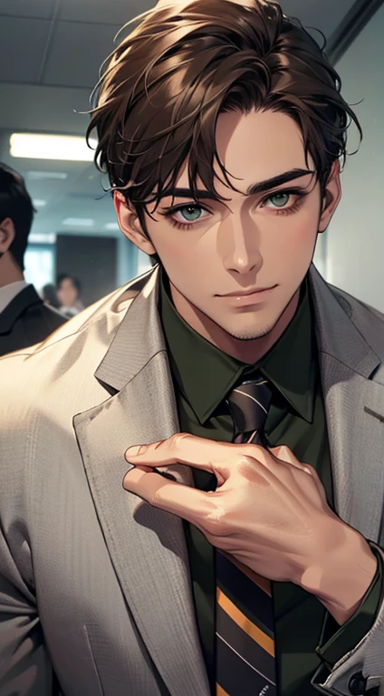 (Highest quality,4K,8K,High resolution,masterpiece:1.2),Super detailed,(Realistic,photoRealistic,photo-Realistic:1.37),1 person,31 years old,Mature Men,Beautiful skin、very handsome,Expressionless smile in love,Short gray brown hair,green eyes,Sharp Eyes,A perfect face without a doubt,Businessman,Office Background,Cinema Lighting,HDR image,tie、