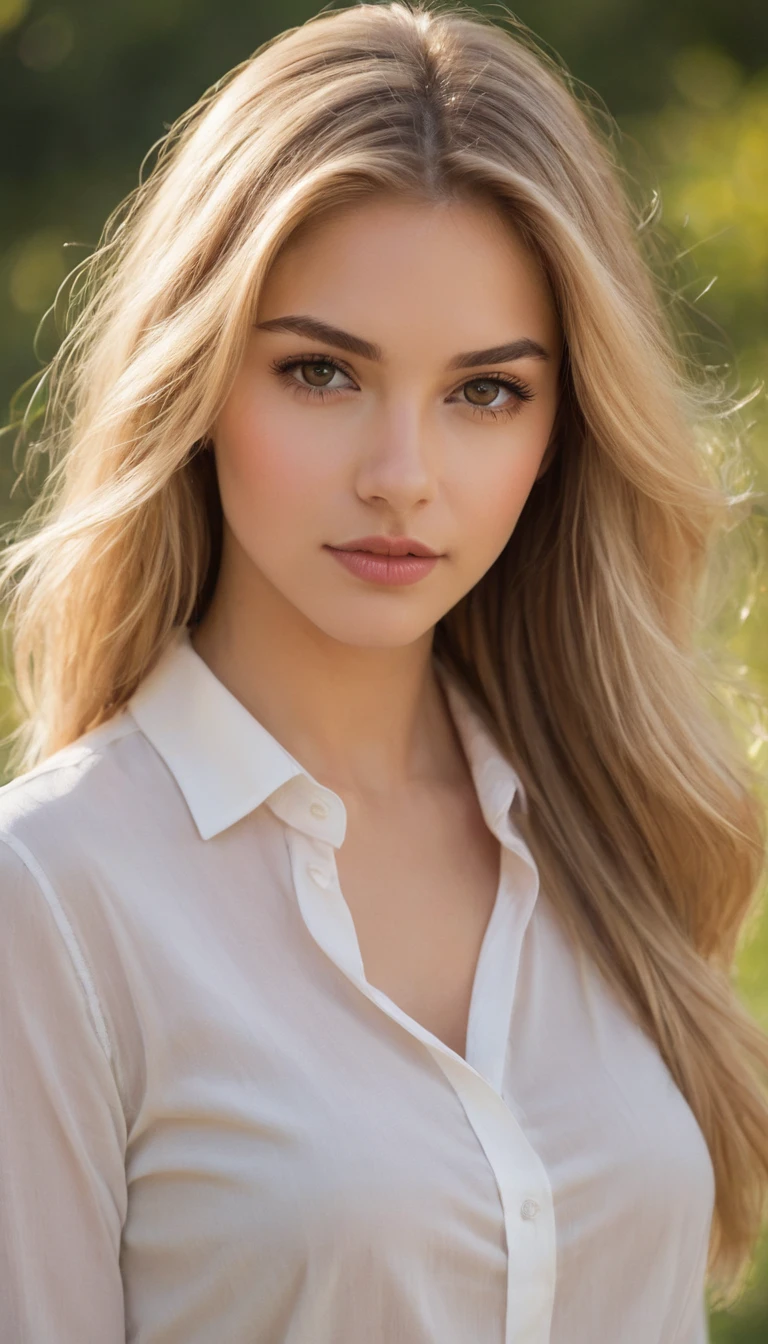 A, 1 girl americana joven de 12 sños de edad, Beautifull, Alone, your voice is clear, el Long blonde hair, long and blond hair,with a subtle rosy glow on her cheeks, and carries himself with an air of elegance and poise. His eyebrows are arched and well groomed.., and her eyelashes are long and dark, highlighting her captivating brown eyes. Despite his elegant demeanor, there is an underlying force in his gaze. girl, hits, Beautifull, blurred background, Brown eyes, Brown hair, long blonde hair, See your viewers, Look for, collar, Long blonde hair, realist, shirt without , alone, Upper part of the body, wavy fur, wind
