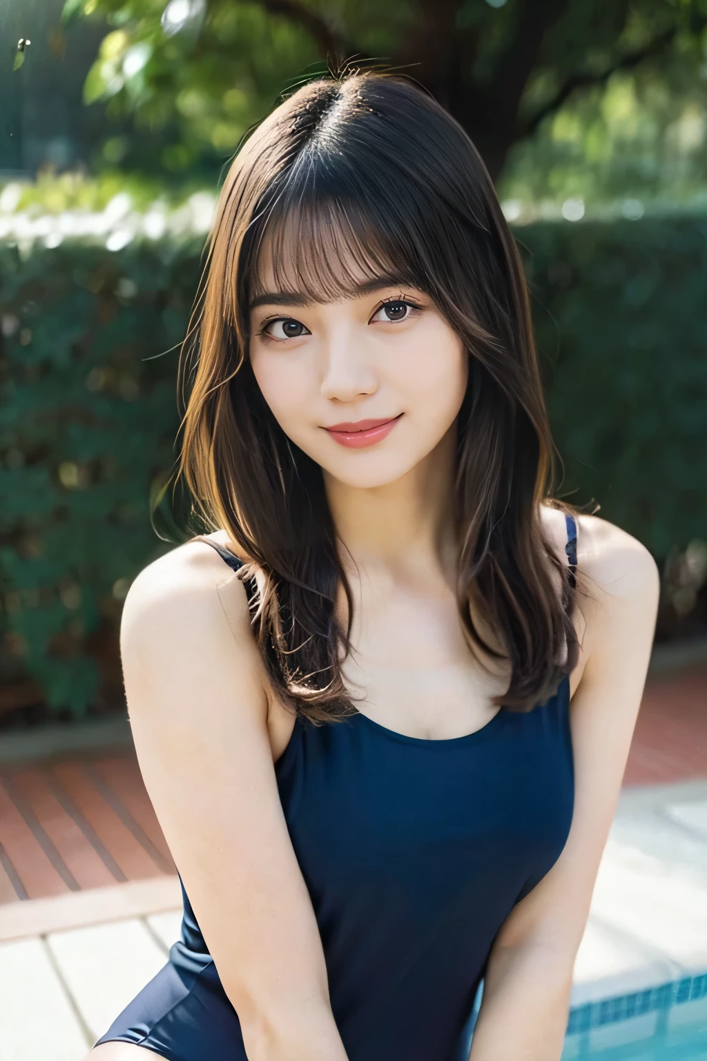 1girl, 25 years old woman, medium breasts, cute face, beautiful face, (perfectly detailed face), ((looking at viewer)), Hands behind the body, hands behind head, Simple Background, One-piece swimsuit, poolside, sexy pose, standing by the pool, full body visible, waki, smiley, Sitting by the pool, thighs visible, photorealistic, (bokeh), feet out of frame, feet out of frame, tachi-e, UHD, anatomically correct, highres