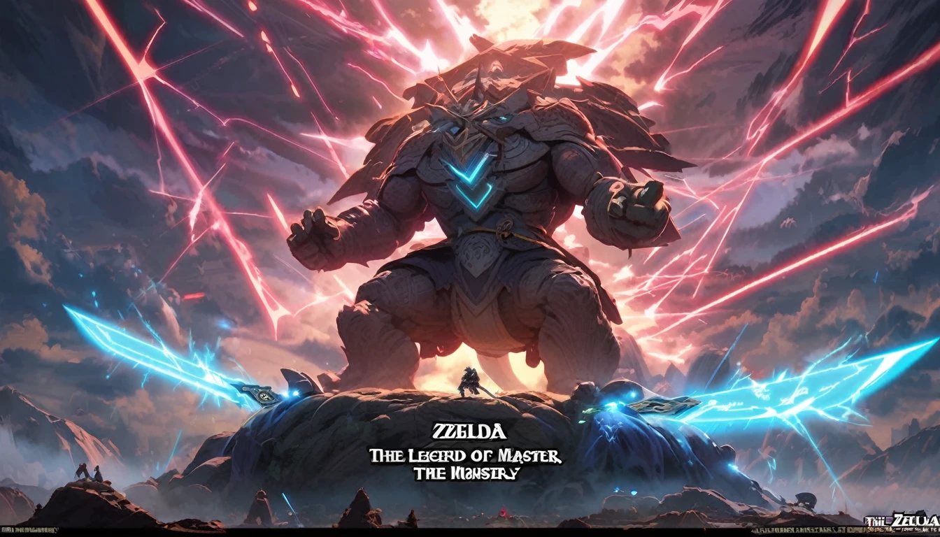 Zelda, sword,( standing on monster),The Legend of Zelda, text saying "The Legend of Zelda", laser, thunder, extremly detailed