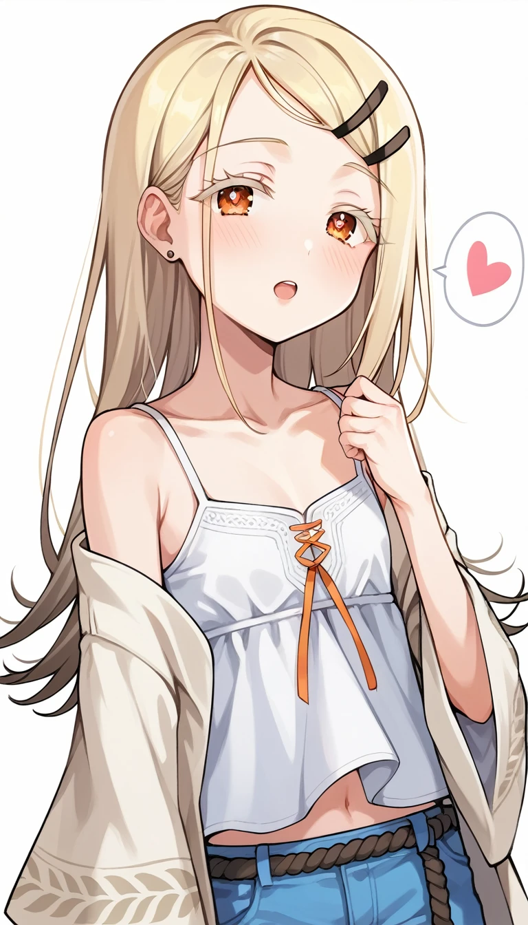 16k,score_9, score_8_up, score_7_up, source_anime, rating_safe,super detailed , hiro-default,shinosawa hiro,slender,orange eyes,white eyelashes,blonde hair,long hair,hairclip,white camisole,blue shorts,coat,wide sleeves,belt,, (heart eyes),(heart in eyes),spoken heart,aroused,open mouth,dutch angle,flat chest ,blush,beautiful face,beautiful eyes,details eyes,white background 