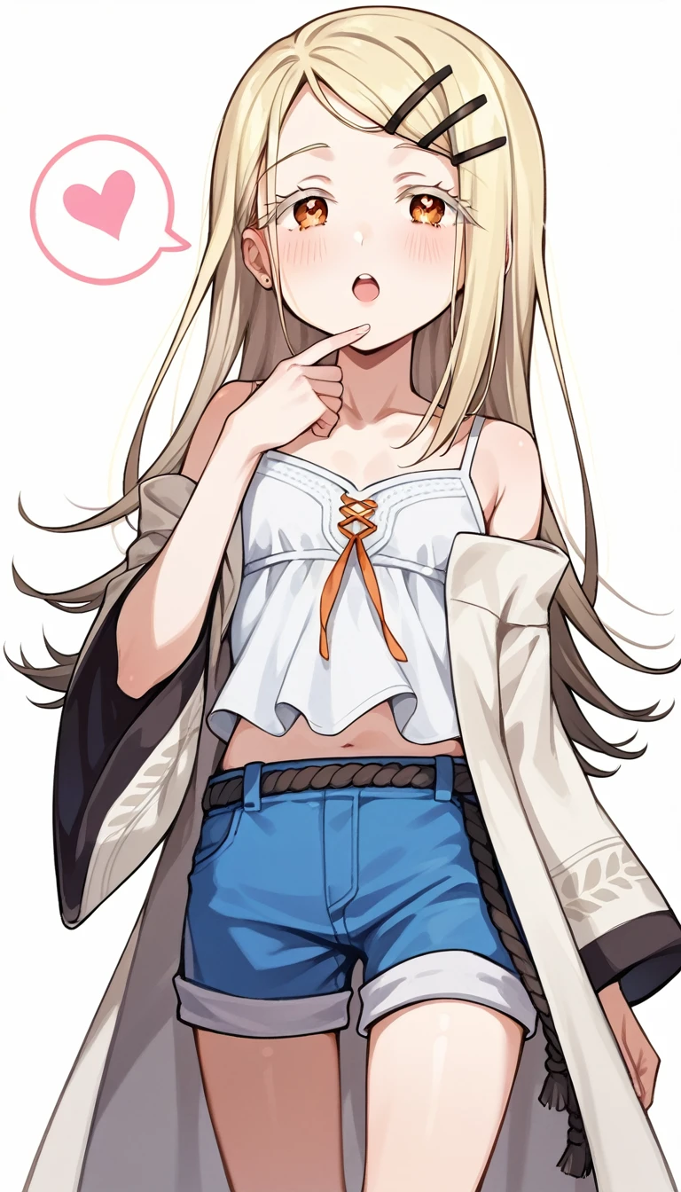 16k,score_9, score_8_up, score_7_up, source_anime, rating_safe,super detailed , hiro-default,shinosawa hiro,slender,orange eyes,white eyelashes,blonde hair,long hair,hairclip,white camisole,blue shorts,coat,wide sleeves,belt,, (heart eyes),(heart in eyes),spoken heart,aroused,open mouth,dutch angle,flat chest ,blush,beautiful face,beautiful eyes,details eyes,white background 