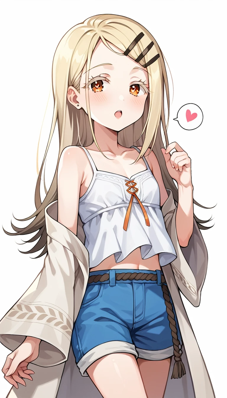 16k,score_9, score_8_up, score_7_up, source_anime, rating_safe,super detailed , hiro-default,shinosawa hiro,slender,orange eyes,white eyelashes,blonde hair,long hair,hairclip,white camisole,blue shorts,coat,wide sleeves,belt,, (heart eyes),(heart in eyes),spoken heart,aroused,open mouth,dutch angle,flat chest ,blush,beautiful face,beautiful eyes,details eyes,white background