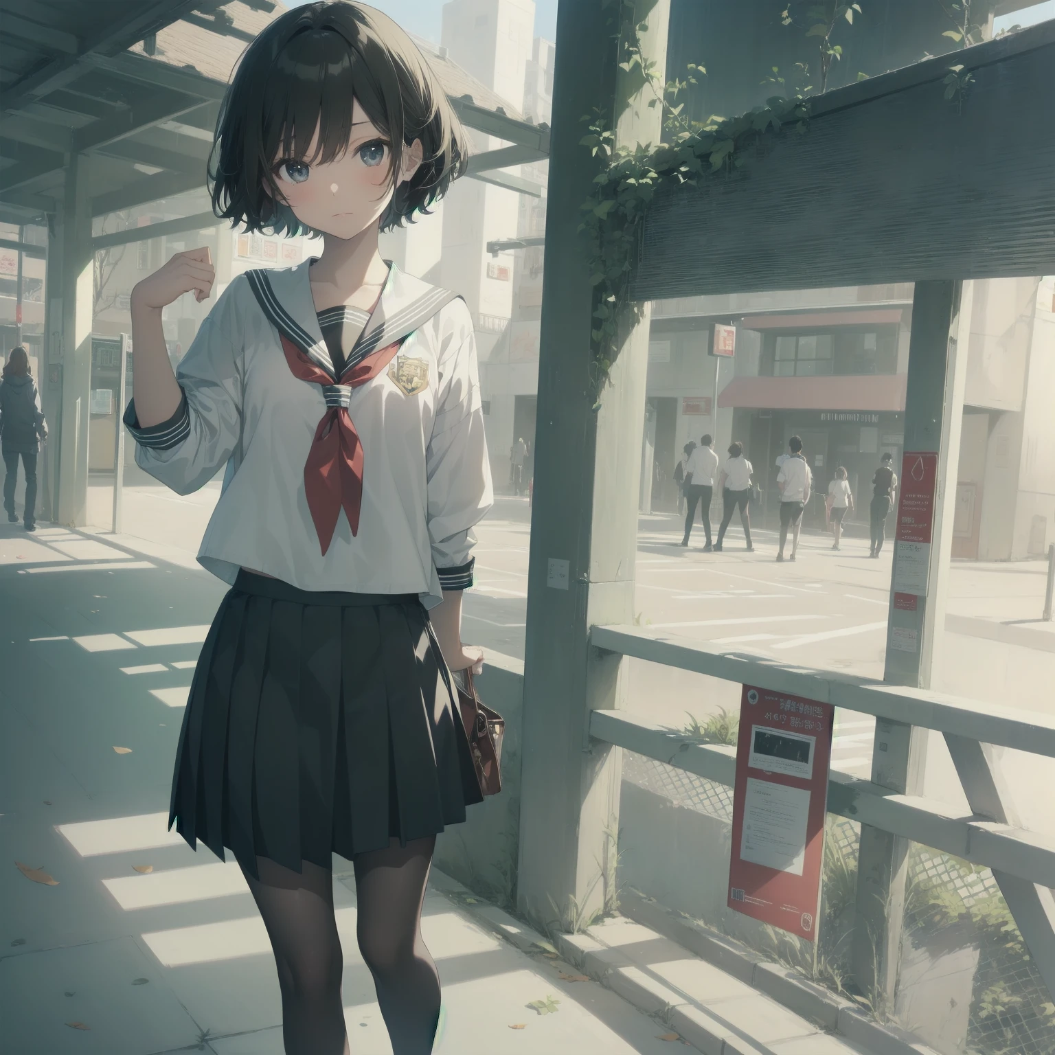 ultra-absurdres-Top quality by artist God, ultra-detailed, high resolution, anime moe artstyle, best anime 8k konachan wallpaper, pixiv contest winner, pool:2810, perfect anatomy,break, 1girl, (Please draw a girl walking sleepily to school alone. )break,(Solo,little female, 13-year-old:1.3),Full limbs, complete fingers,a junior high school student, (very short hair), short cut, flat chest, , small butt, small black eyes, beautiful detailed eyes, well-proportioned iris and pupils, expressive eyes, highres detailed hair, soft expression, salor school_uniform, sailor collar, serahuku, bow, pleated skirt,(Detailed Lighting), (Detailed background), in the School commute route. break,super detailed skin, Best cinematic lighting powered by famous artist, 8k,beauty illustration,photoshop_(medium),very aesthetic,break,((artist:yamamoto_souichirou )), artist:clamp ,artist:carnelian ,artist:kantoku ,
