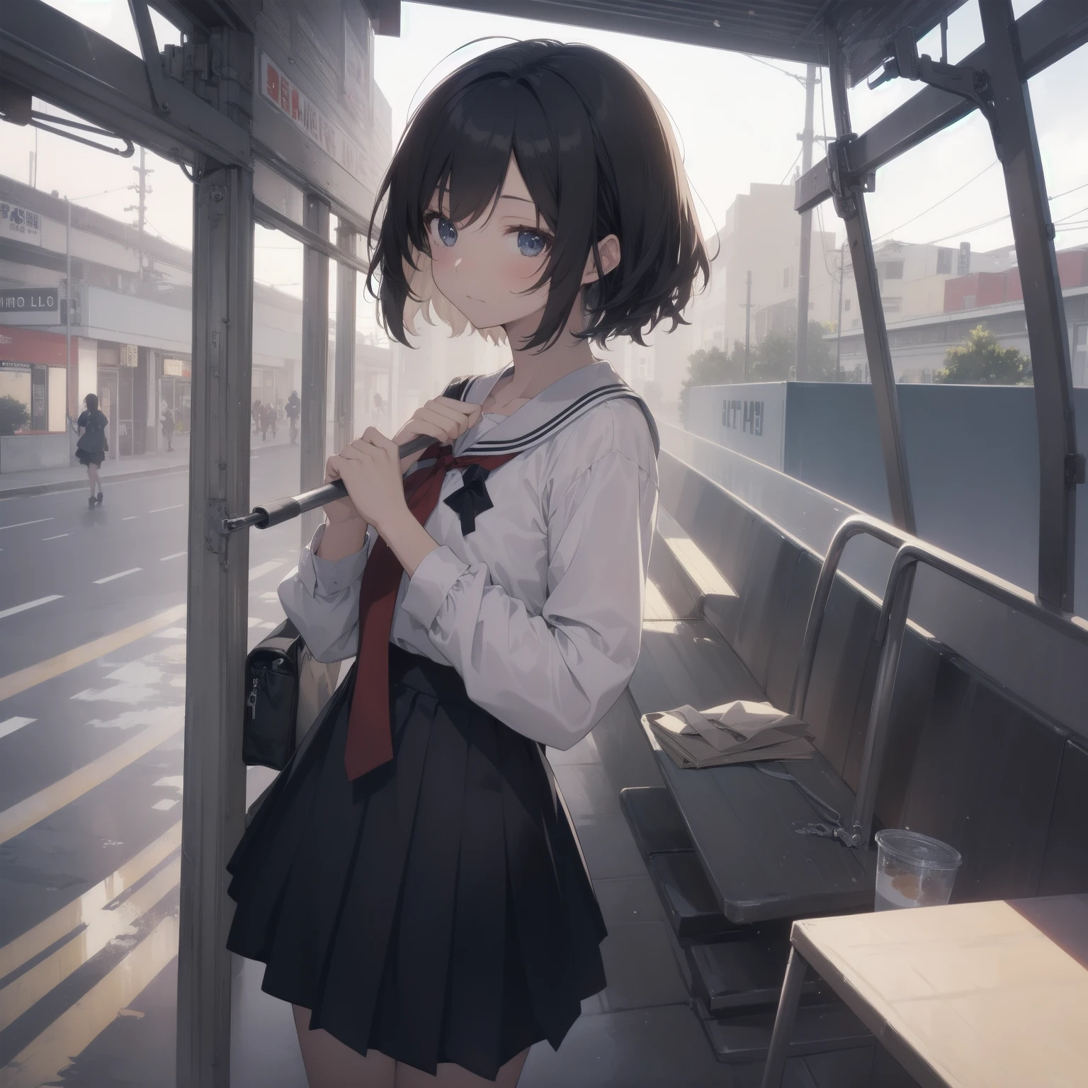 ultra-absurdres-Top quality by artist God, ultra-detailed, high resolution, anime moe artstyle, best anime 8k konachan wallpaper, pixiv contest winner, pool:2810, perfect anatomy,break, 1girl, (Please draw a girl walking sleepily to school alone. )break,(Solo,little female, 13-year-old:1.3),Full limbs, complete fingers,a junior high school student, (very short hair), short cut, flat chest, , small butt, small black eyes, beautiful detailed eyes, well-proportioned iris and pupils, expressive eyes, highres detailed hair, soft expression, salor school_uniform, sailor collar, serahuku, bow, pleated skirt,(Detailed Lighting), (Detailed background), in the School commute route. break,super detailed skin, Best cinematic lighting powered by famous artist, 8k,beauty illustration,photoshop_(medium),very aesthetic,break,((artist:yamamoto_souichirou )), artist:clamp ,artist:carnelian ,artist:kantoku ,