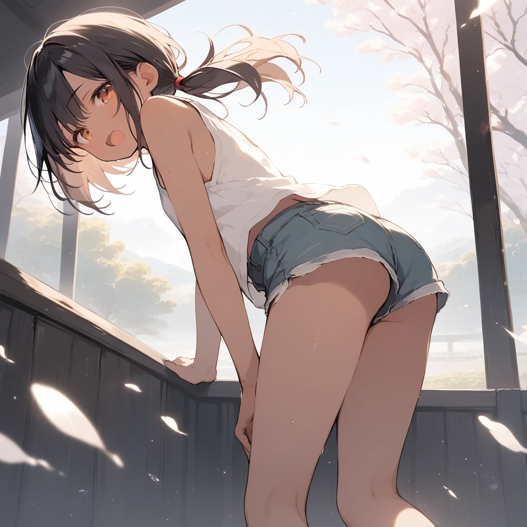 score_9, score_8_up, score_7_up, source_anime, best quality, masterpiece, official art, absurdres, highres, ultra-detailed,waifu2x,Collection: Slice of Life,break,1girl, tomboy, dark-skinned female, short hair, low ponytail, flat chest, beautiful detailed eyes, short shorts, sweat, open mouth, (yawn:0.3), sleepily, outdoors, wind,break,(clear line illustration:1.2), super detailed skin,very high resolution, very aesthetic, Best sexual lighting powered by famous artist, 8k,cute picture,beauty illustration,photoshop_(medium),,(Detailed Lighting),best anime 8k konachan wallpaper, pixiv contest winner,