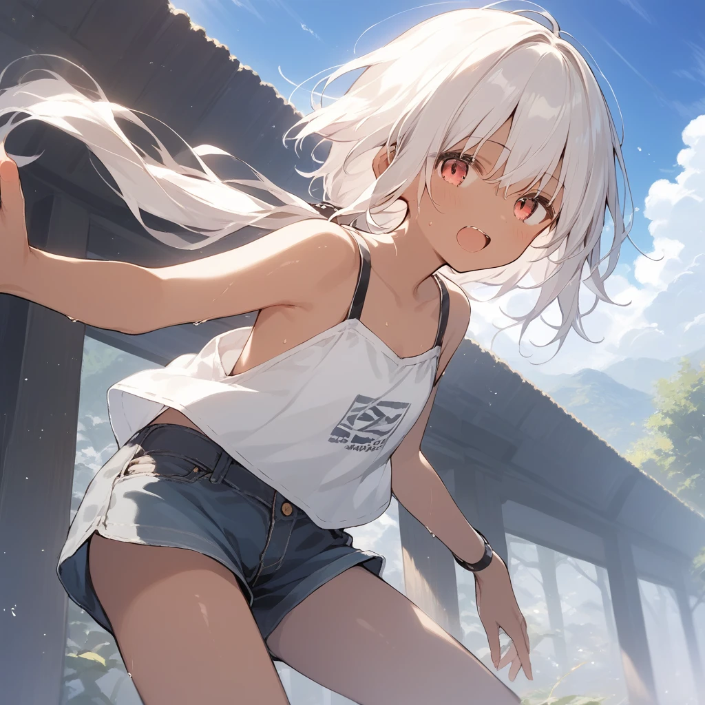 score_9, score_8_up, score_7_up, source_anime, best quality, masterpiece, official art, absurdres, highres, ultra-detailed,waifu2x,Collection: Slice of Life,break,1girl, tomboy, dark-skinned female, short hair, low ponytail, flat chest, beautiful detailed eyes, short shorts, sweat, open mouth, (yawn:0.3), sleepily, outdoors, wind,break,(clear line illustration:1.2), super detailed skin,very high resolution, very aesthetic, Best sexual lighting powered by famous artist, 8k,cute picture,beauty illustration,photoshop_(medium),,(Detailed Lighting),best anime 8k konachan wallpaper, pixiv contest winner, 