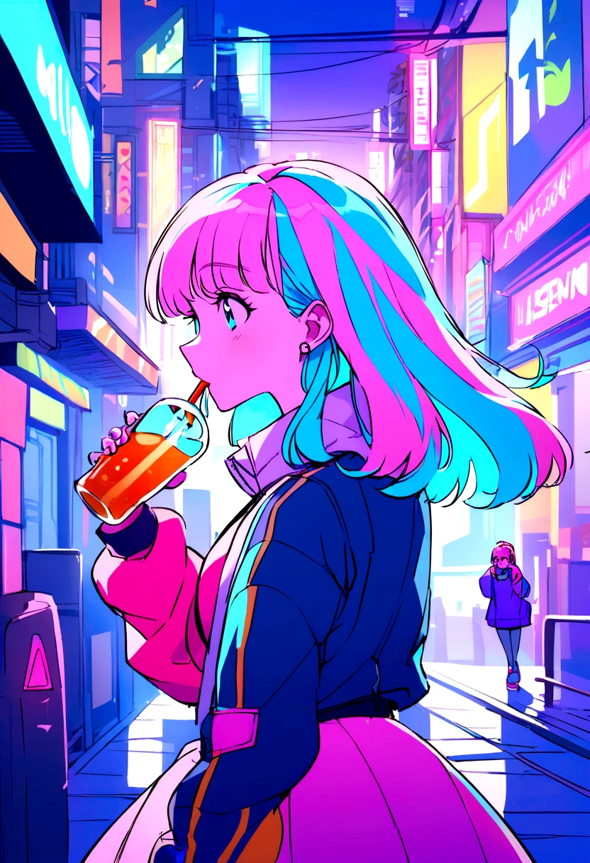 Pink and blue hair girl, soda, Inspired by 90s anime, Cyberpunk City, praise, colorful, listen to music, Pink Hair, Blue Hair、Drinking alcohol